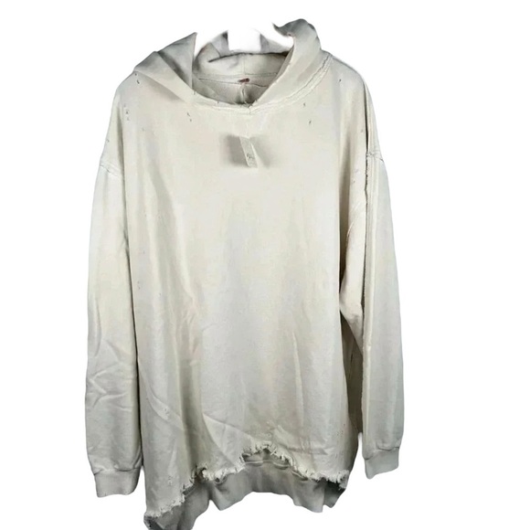 Free People Everyday Hoodie Size M/Large Distressed Sweatshirt Harbor Fog Ivory - Picture 4 of 14